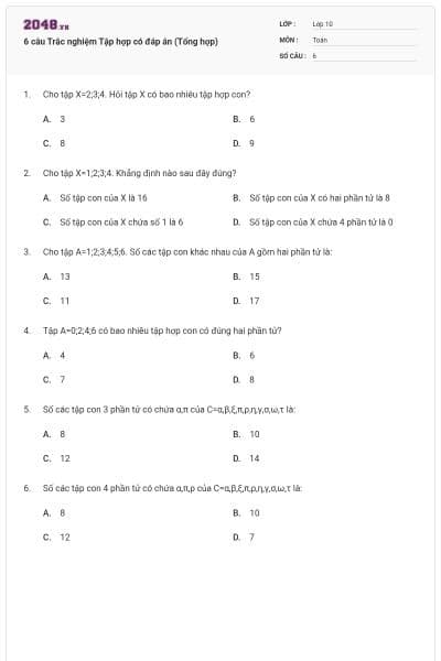 6 câu Trắc nghiệm Tập hợp có đáp án (Tổng hợp)