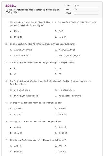 10 câu  Trắc nghiệm Các phép toán trên tập hợp có đáp án (Thông hiểu)