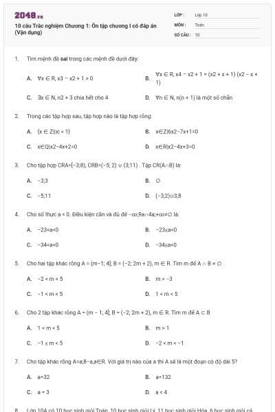 10 câu Trắc nghiệm Chương 1: Ôn tập chương I có đáp án (Vận dụng)