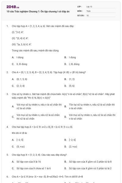 10 câu Trắc nghiệm Chương 1: Ôn tập chương I có đáp án