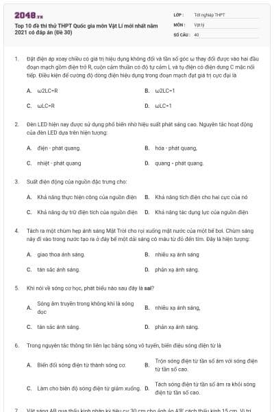 Top 10 đề thi thử THPT Quốc gia môn Vật Lí mới nhất năm 2021 có đáp án (Đề 30)