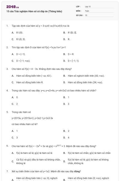 15 câu Trắc nghiệm Hàm số có đáp án (Thông hiểu)