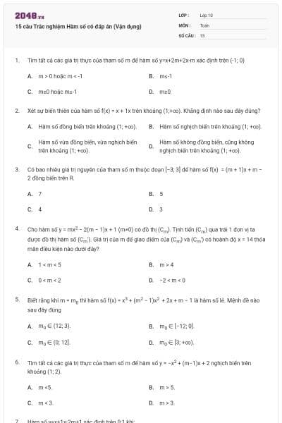 15 câu Trắc nghiệm Hàm số có đáp án (Vận dụng)