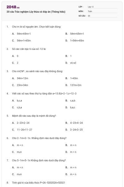 20 câu Trắc nghiệm Lũy thừa có đáp án (Thông hiểu)
