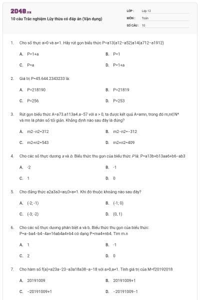 10 câu  Trắc nghiệm Lũy thừa có đáp án (Vận dụng)