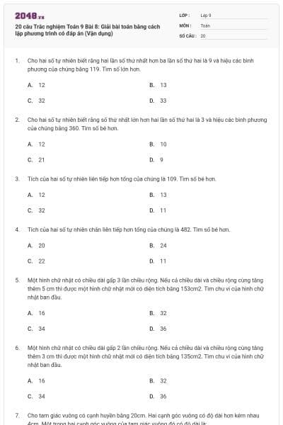 20 câu Trắc nghiệm Toán 9 Bài 8: Giải bài toán bằng cách lập phương trình có đáp án (Vận dụng)