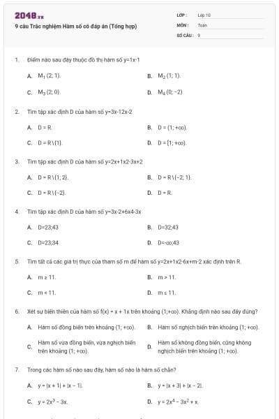 9 câu Trắc nghiệm Hàm số có đáp án (Tổng hợp)