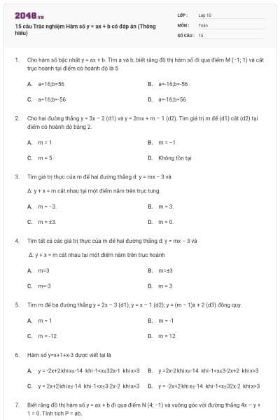 15 câu Trắc nghiệm Hàm số y = ax + b có đáp án (Thông hiểu)