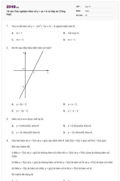 18 câu Trắc nghiệm Hàm số y = ax + b có đáp án (Tổng hợp)