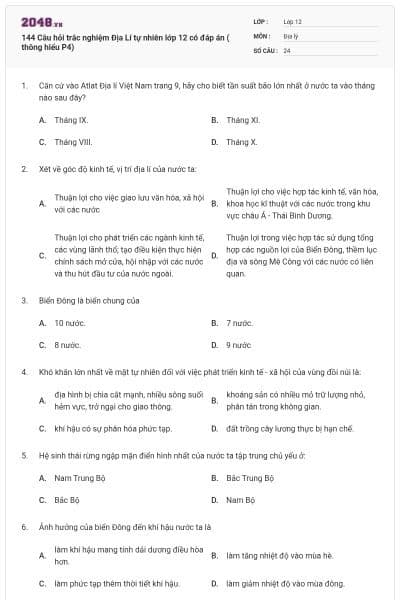 144 Câu hỏi trắc nghiệm Địa Lí tự nhiên lớp 12 có đáp án ( thông hiểu P4)