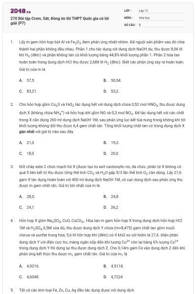 270 Bài tập Crom, Sắt, Đồng ôn thi THPT Quốc gia có lời giải (P7)