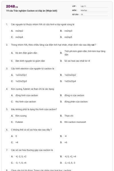 19 câu Trắc nghiệm Cacbon có đáp án (Nhận biết)