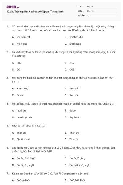12 câu Trắc nghiệm Cacbon có đáp án (Thông hiểu)
