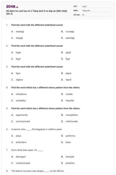 Đề kiểm tra cuối học kì 2 Tiếng Anh 8 có đáp án (Mới nhất) (Đề 4)