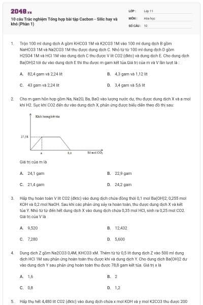 10 câu Trắc nghiệm Tổng hợp bài tập Cacbon - Silic hay và khó (Phần 1)
