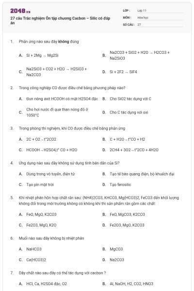 27 câu Trắc nghiệm Ôn tập chương Cacbon – Silic có đáp án