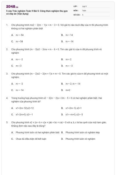 5 câu Trắc nghiệm Toán 9 Bài 5: Công thức nghiệm thu gọn có đáp án (Vận dụng)