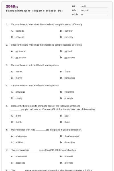 Bộ 2 Đề kiểm tra học kì 1 Tiếng anh 11 có đáp án - Đề 1