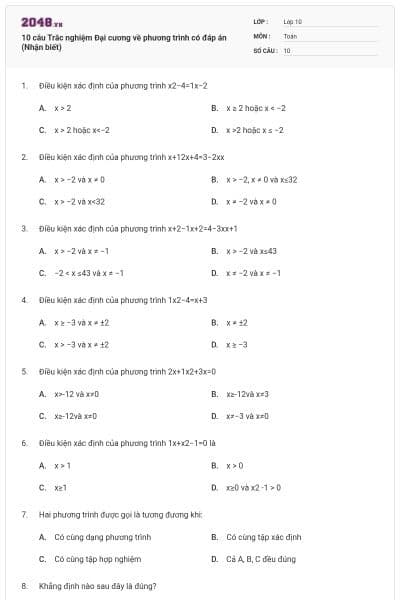 10 câu Trắc nghiệm Đại cương về phương trình có đáp án (Nhận biết)