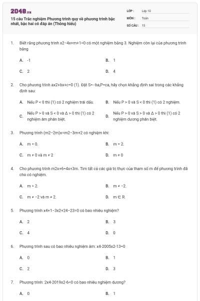 15 câu Trắc nghiệm Phương trình quy về phương trình bậc nhất, bậc hai có đáp án (Thông hiểu)