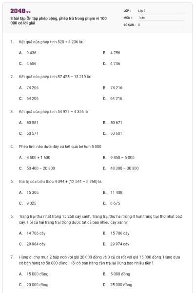 8 bài tập Ôn tập phép cộng, phép trừ trong phạm vi 100 000 có lời giải