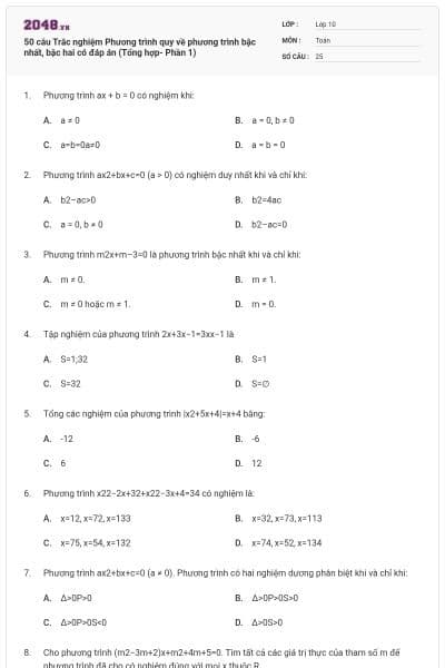 50 câu Trắc nghiệm Phương trình quy về phương trình bậc nhất, bậc hai có đáp án (Tổng hợp- Phần 1)