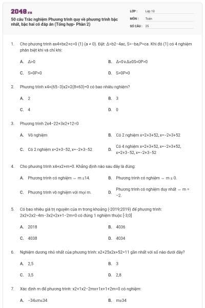 50 câu Trắc nghiệm Phương trình quy về phương trình bậc nhất, bậc hai có đáp án (Tổng hợp- Phần 2)