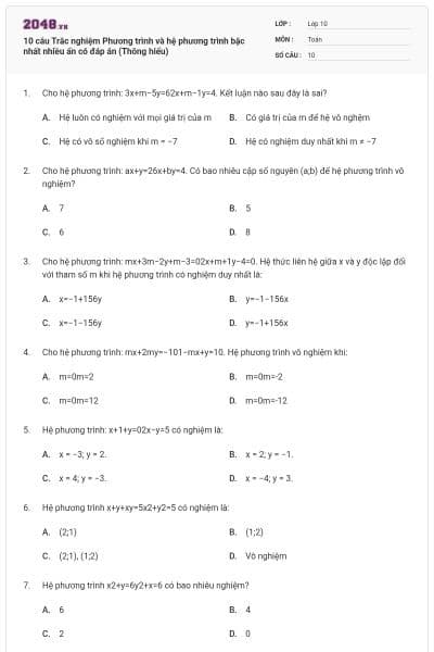 10 câu Trắc nghiệm Phương trình và hệ phương trình bậc nhất nhiều ẩn có đáp án (Thông hiểu)