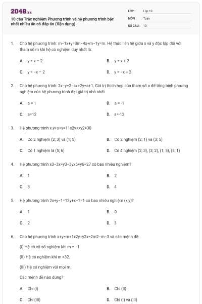 10 câu Trắc nghiệm Phương trình và hệ phương trình bậc nhất nhiều ẩn có đáp án (Vận dụng)