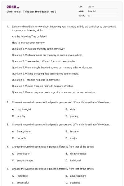 Đề thi học kì 1 Tiếng anh 10 có đáp án - Đề 3