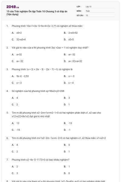 15 câu Trắc nghiệm Ôn tập Toán 10 Chương 3 có đáp án (Vận dụng)