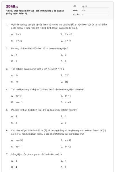42 câu Trắc nghiệm Ôn tập Toán 10 Chương 3 có đáp án (Tổng hợp - Phần 2)