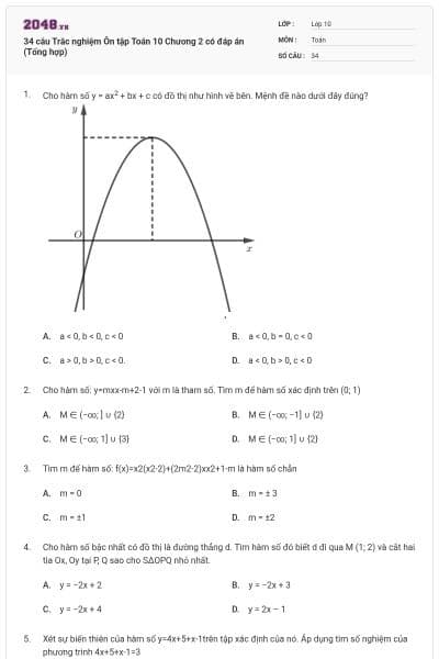 34 câu Trắc nghiệm Ôn tập Toán 10 Chương 2 có đáp án (Tổng hợp)