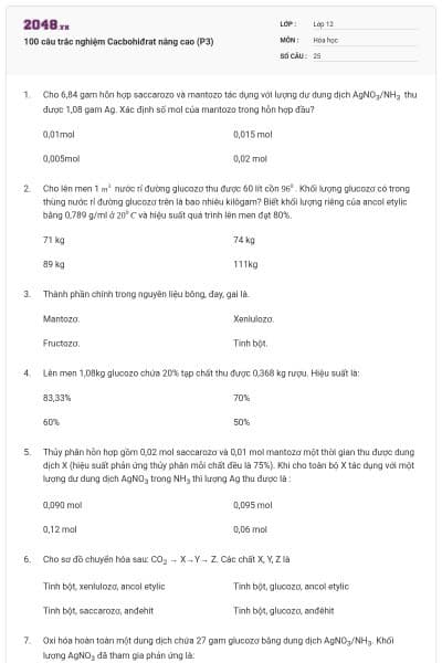 100 câu trắc nghiệm Cacbohiđrat nâng cao (P3)