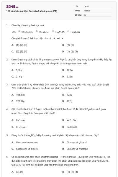 100 câu trắc nghiệm Cacbohiđrat nâng cao (P1)