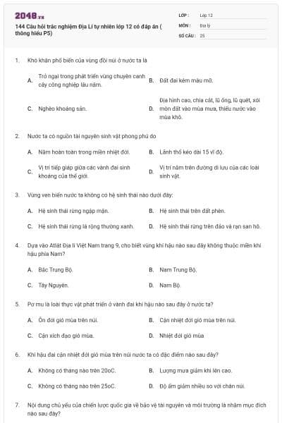 144  Câu hỏi trắc nghiệm Địa Lí tự nhiên lớp 12 có đáp án ( thông hiểu P5)