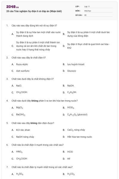 20 câu Trắc nghiệm Sự điện li có đáp án (Nhận biết)