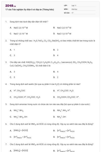17 câu Trắc nghiệm Sự điện li có đáp án (Thông hiểu)