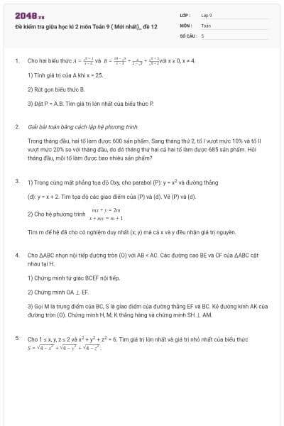 Đề kiểm tra giữa học kì 2 môn Toán 9 ( Mới nhất)_ đề 12