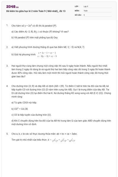 Đề kiểm tra giữa học kì 2 môn Toán 9 ( Mới nhất)_ đề 13