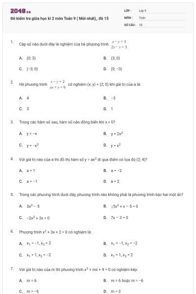 Đề kiểm tra giữa học kì 2 môn Toán 9 ( Mới nhất)_ đề 15