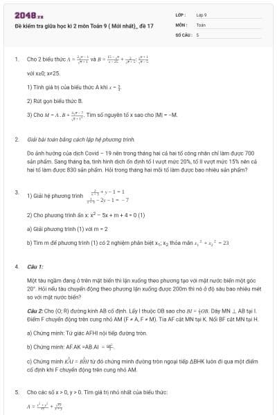 Đề kiểm tra giữa học kì 2 môn Toán 9 ( Mới nhất)_ đề 17