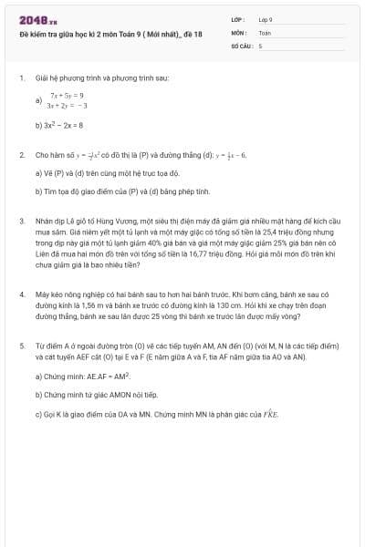 Đề kiểm tra giữa học kì 2 môn Toán 9 ( Mới nhất)_ đề 18