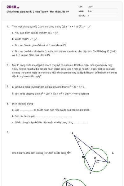 Đề kiểm tra giữa học kì 2 môn Toán 9 ( Mới nhất)_ đề 19