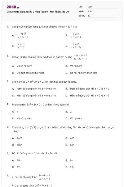 Đề kiểm tra giữa học kì 2 môn Toán 9 ( Mới nhất)_ đề 20