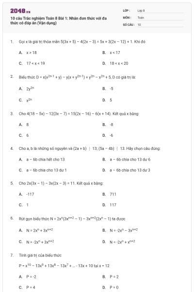 10 câu Trắc nghiệm Toán 8 Bài 1: Nhân đơn thức với đa thức có đáp án (Vận dụng)