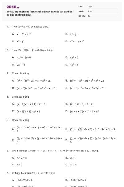 10 câu Trắc nghiệm Toán 8 Bài 2: Nhân đa thức với đa thức có đáp án (Nhận biết)