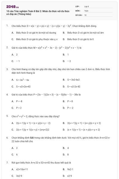 10 câu Trắc nghiệm Toán 8 Bài 2: Nhân đa thức với đa thức có đáp án (Thông hiểu)