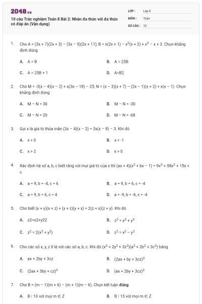 10 câu Trắc nghiệm Toán 8 Bài 2: Nhân đa thức với đa thức có đáp án (Vận dụng)