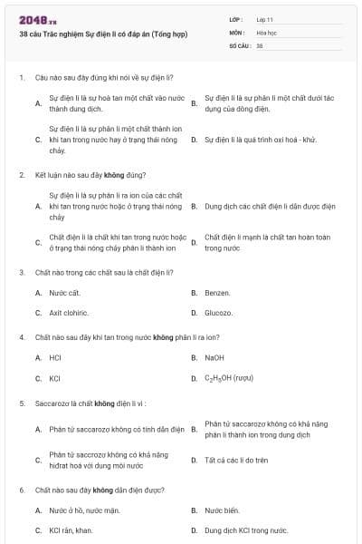 38 câu Trắc nghiệm Sự điện li có đáp án (Tổng hợp)